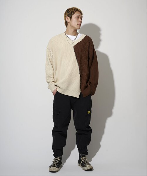 NO NEED(ノーニード)の「リメイクVネックニット 配色/ステッチ/アシメ/春ニット/ルーズシルエット(ニット/セーター・メンズ・ネイビー/オフホワイト/キャメル・M/L)」の20枚目の写真