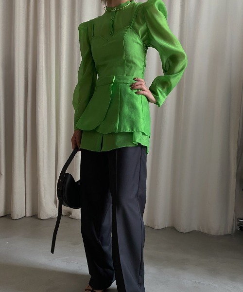 Ameri（アメリ）の「BUSTIER LAYERED SHEER SHIRT（シャツ/ブラウス・レディース・グリーン/アイボリー/ブラック・SMALL/MEDIUM）」の16枚目の写真
