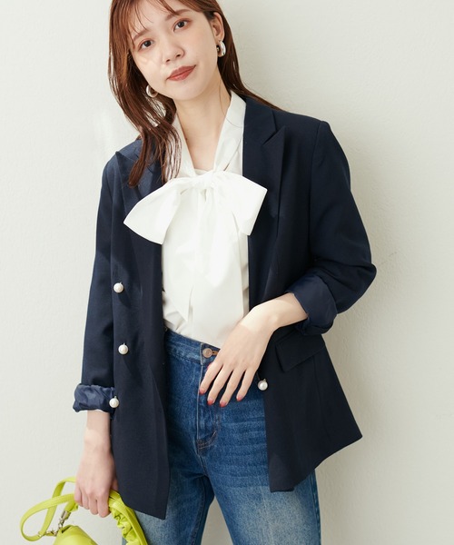 natural couture（ナチュラルクチュール）の「BIGボータイシャツブラウス（シャツ/ブラウス・レディース・オフホワイト/サックスブルー/ストライプ・FREE）」の2枚目の写真