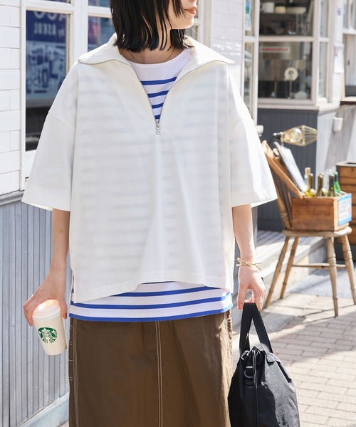 セール】オーバーサイズサイドスリットハーフジップTシャツ（Tシャツ
