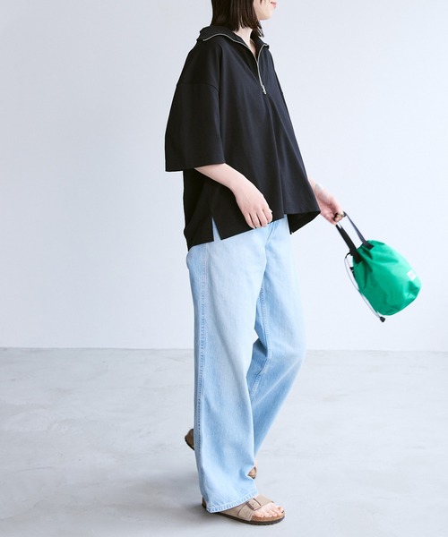 Chaco closet(チャコ クローゼット)の「オーバーサイズサイドスリットハーフジップTシャツ(Tシャツ/カットソー・レディース・グリーン/ピンク/オレンジ/オートミール/ブラック/オフホワイト・FREE)」の8枚目の写真