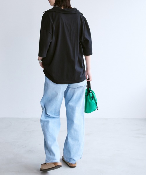 Chaco closet(チャコ クローゼット)の「オーバーサイズサイドスリットハーフジップTシャツ(Tシャツ/カットソー・レディース・グリーン/ピンク/オレンジ/オートミール/ブラック/オフホワイト・FREE)」の9枚目の写真