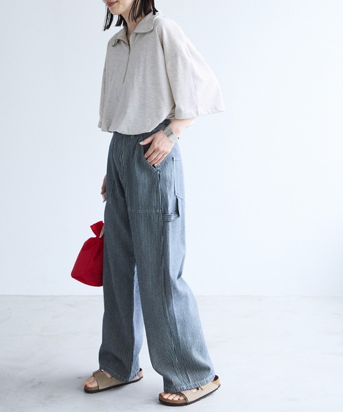 Chaco closet(チャコ クローゼット)の「オーバーサイズサイドスリットハーフジップTシャツ(Tシャツ/カットソー・レディース・グリーン/ピンク/オレンジ/オートミール/ブラック/オフホワイト・FREE)」の13枚目の写真