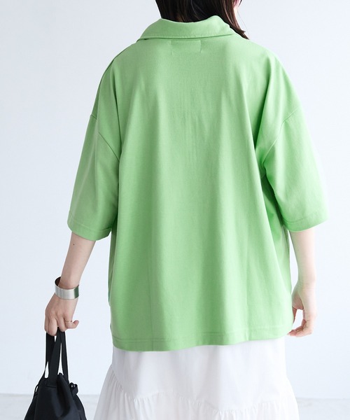 Chaco closet(チャコ クローゼット)の「オーバーサイズサイドスリットハーフジップTシャツ(Tシャツ/カットソー・レディース・グリーン/ピンク/オレンジ/オートミール/ブラック/オフホワイト・FREE)」の18枚目の写真
