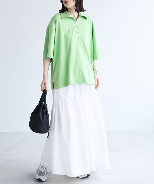 Chaco closet(チャコ クローゼット)の「オーバーサイズサイドスリットハーフジップTシャツ(Tシャツ/カットソー・レディース・グリーン/ピンク/オレンジ/オートミール/ブラック/オフホワイト・FREE)」の19枚目の写真