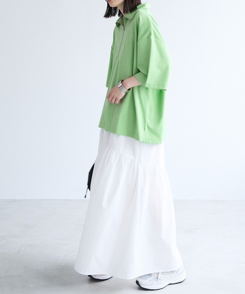 Chaco closet(チャコ クローゼット)の「オーバーサイズサイドスリットハーフジップTシャツ(Tシャツ/カットソー・レディース・グリーン/ピンク/オレンジ/オートミール/ブラック/オフホワイト・FREE)」の20枚目の写真