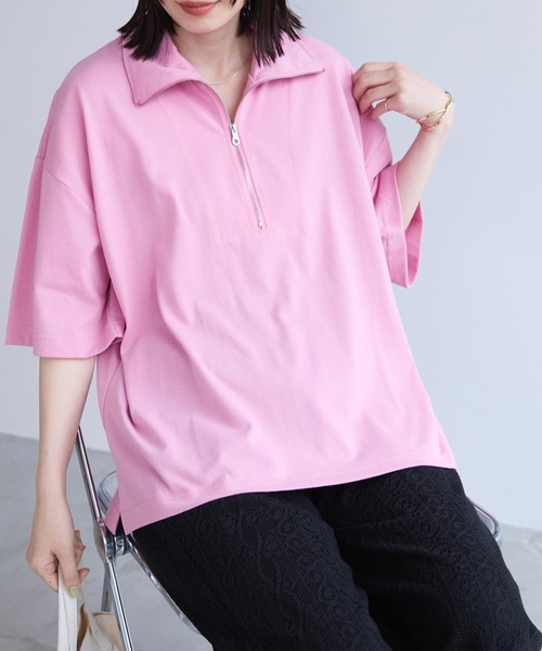 Chaco closet(チャコ クローゼット)の「オーバーサイズサイドスリットハーフジップTシャツ(Tシャツ/カットソー・レディース・グリーン/ピンク/オレンジ/オートミール/ブラック/オフホワイト・FREE)」の22枚目の写真
