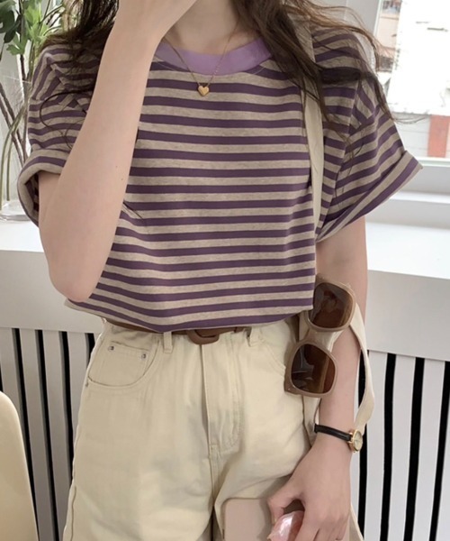 Chaco closet(チャコ クローゼット)の「くすみカラーベーシックボーダーTシャツ(Tシャツ/カットソー・レディース・グリーン/レッド/ブラック/パープル・FREE)」の4枚目の写真