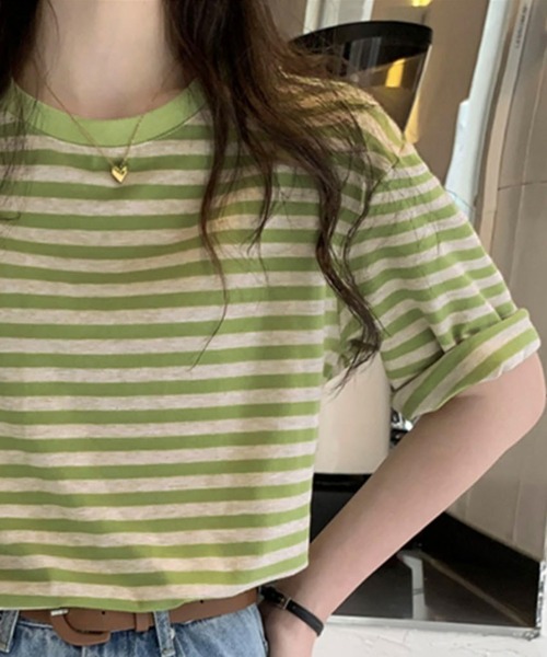 Chaco closet(チャコ クローゼット)の「くすみカラーベーシックボーダーTシャツ(Tシャツ/カットソー・レディース・グリーン/レッド/ブラック/パープル・FREE)」の3枚目の写真