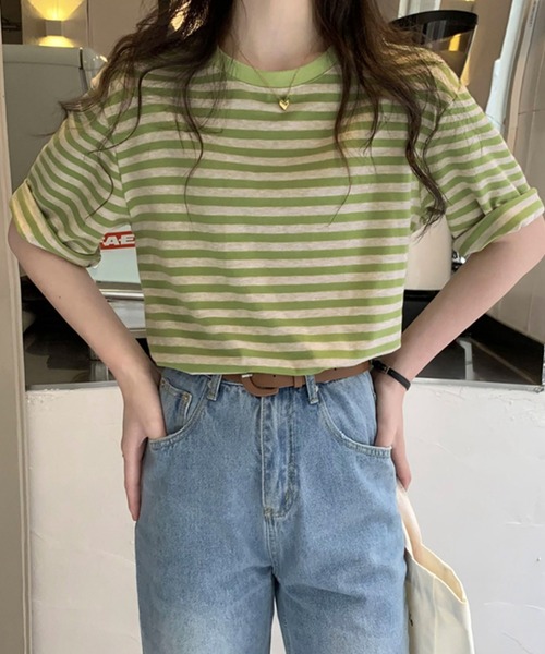 Chaco closet(チャコ クローゼット)の「くすみカラーベーシックボーダーTシャツ(Tシャツ/カットソー・レディース・グリーン/レッド/ブラック/パープル・FREE)」の8枚目の写真