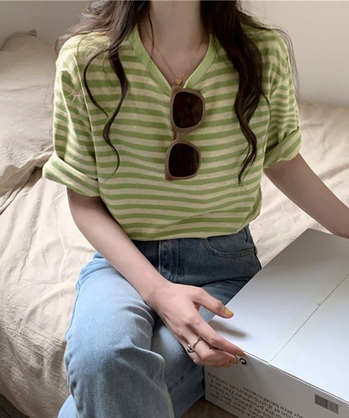 Chaco closet(チャコ クローゼット)の「くすみカラーベーシックボーダーTシャツ(Tシャツ/カットソー・レディース・グリーン/レッド/ブラック/パープル・FREE)」の19枚目の写真