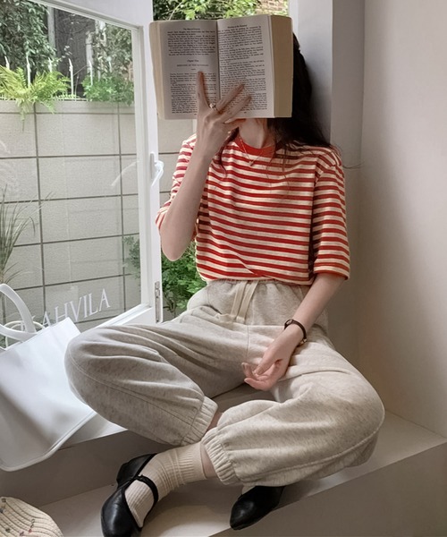 Chaco closet(チャコ クローゼット)の「くすみカラーベーシックボーダーTシャツ(Tシャツ/カットソー・レディース・グリーン/レッド/ブラック/パープル・FREE)」の17枚目の写真