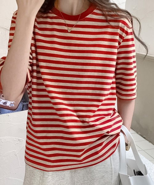 Chaco closet(チャコ クローゼット)の「くすみカラーベーシックボーダーTシャツ(Tシャツ/カットソー・レディース・グリーン/レッド/ブラック/パープル・FREE)」の7枚目の写真