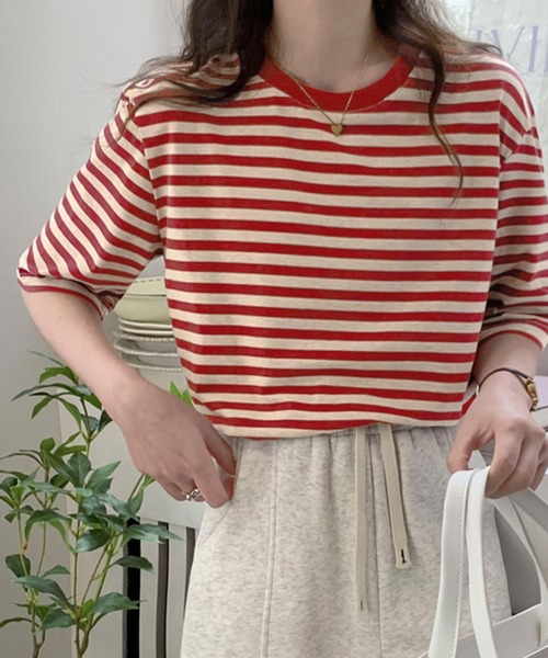 Chaco closet(チャコ クローゼット)の「くすみカラーベーシックボーダーTシャツ(Tシャツ/カットソー・レディース・グリーン/レッド/ブラック/パープル・FREE)」の20枚目の写真
