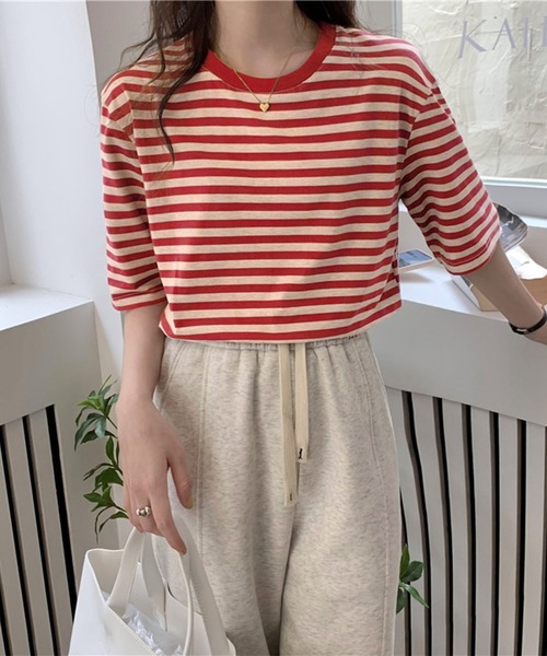 Chaco closet(チャコ クローゼット)の「くすみカラーベーシックボーダーTシャツ(Tシャツ/カットソー・レディース・グリーン/レッド/ブラック/パープル・FREE)」の12枚目の写真