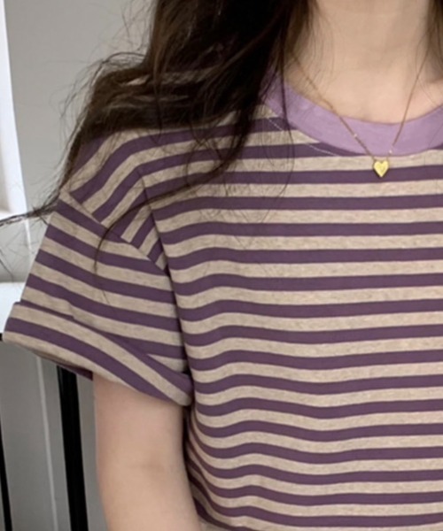 Chaco closet(チャコ クローゼット)の「くすみカラーベーシックボーダーTシャツ(Tシャツ/カットソー・レディース・グリーン/レッド/ブラック/パープル・FREE)」の22枚目の写真