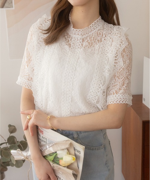 アイボリー レース 半袖シャツ GOLDJAPAN 大きいサイズ レディース トップス Tシャツ 半袖