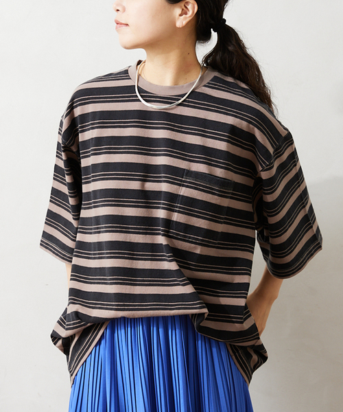 JOURNAL STANDARD relume(ジャーナルスタンダード レリューム)の「【Allen A / アレンエー】オーバーダイ ボーダーTシャツ(Tシャツ/カットソー・メンズ・ベージュ系その他/マスタード/パープル/ブルー/ライトグリーン・LARGE/MEDIUM)」の1枚目の写真