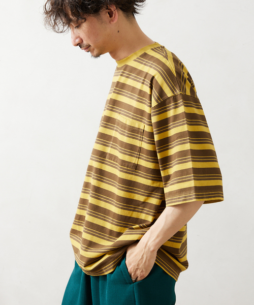 JOURNAL STANDARD relume(ジャーナルスタンダード レリューム)の「【Allen A / アレンエー】オーバーダイ ボーダーTシャツ(Tシャツ/カットソー・メンズ・ベージュ系その他/マスタード/パープル/ブルー/ライトグリーン・LARGE/MEDIUM)」の5枚目の写真