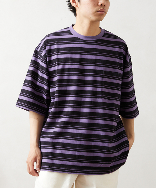 JOURNAL STANDARD relume(ジャーナルスタンダード レリューム)の「【Allen A / アレンエー】オーバーダイ ボーダーTシャツ(Tシャツ/カットソー・メンズ・ベージュ系その他/マスタード/パープル/ブルー/ライトグリーン・LARGE/MEDIUM)」の8枚目の写真