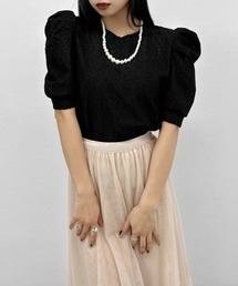 【ZOZOTOWN限定】Leaf lace puff sleeve tops / パールネックレス付きリーフ柄レースパフスリーブトップス