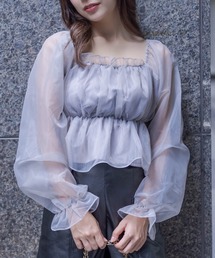 clear | オーガンジー長袖ギャザーショート丈ブラウス(シャツ/ブラウス)