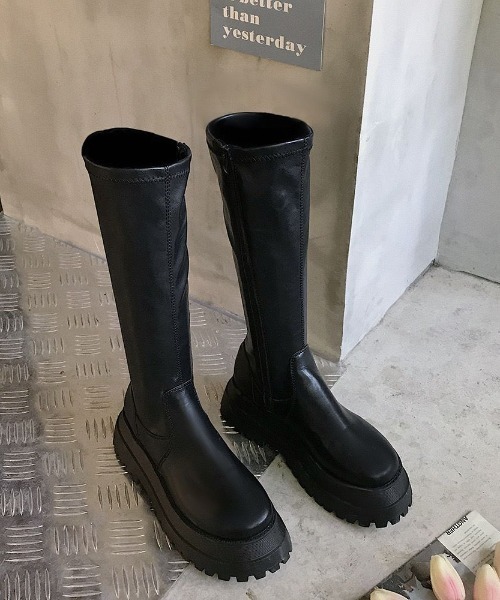 LAC-VERT（ラック・ヴェール）の「厚底ソフトPU ロングブーツ（ブーツ・レディース・ブラック・S/M/L）」の4枚目の写真