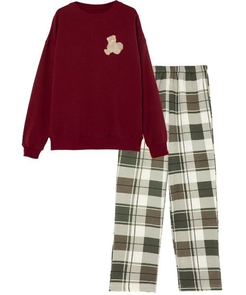 ルームウェア レディース [温度調整]くまサガラ刺繍裏毛長袖パジャマ