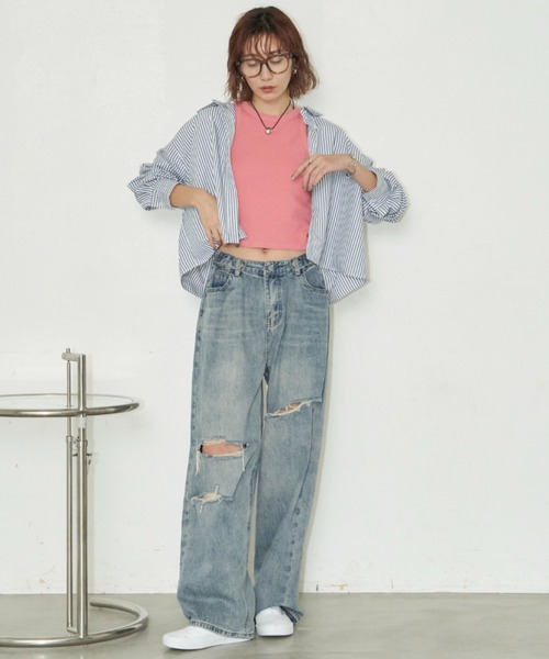 Auntie Rosa Holiday（アンティローザホリデー）の「クロップドレギュラーカラーシャツ（シャツ/ブラウス・レディース・ブルー/ピンク/ネイビー・FREE）」の4枚目の写真