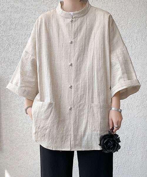 Shoowtime（ショウタイム）の「オーバーサイズバンドカラーチャイナシャツ（シャツ/ブラウス・メンズ・ホワイト/ブラック/ナチュラル/ネイビー・X-LARGE/LARGE/MEDIUM）」の22枚目の写真