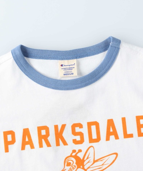 90〜00s Champion リンガーT サーモンピンク カレッジプリント Champion】リンガープリントTシャツ(Tシャツ/カットソー