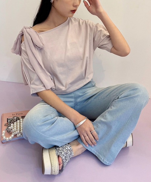 one after another NICE CLAUP（ワンアフターアナザーナイスクラップ）の「リボン取り外し可能/肩リボンワンショルダーT（Tシャツ/カットソー・レディース・ブラック/オフホワイト/杢グレー/ピンク・FREE）」の13枚目の写真