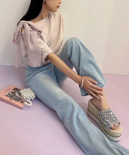 one after another NICE CLAUP（ワンアフターアナザーナイスクラップ）の「リボン取り外し可能/肩リボンワンショルダーT（Tシャツ/カットソー・レディース・ブラック/オフホワイト/杢グレー/ピンク・FREE）」の14枚目の写真