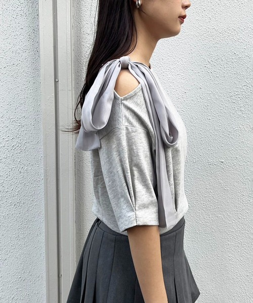 one after another NICE CLAUP（ワンアフターアナザーナイスクラップ）の「リボン取り外し可能/肩リボンワンショルダーT（Tシャツ/カットソー・レディース・ブラック/オフホワイト/杢グレー/ピンク・FREE）」の16枚目の写真