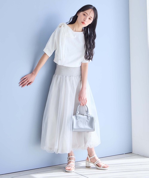 one after another NICE CLAUP（ワンアフターアナザーナイスクラップ）の「リボン取り外し可能/肩リボンワンショルダーT（Tシャツ/カットソー・レディース・ブラック/オフホワイト/杢グレー/ピンク・FREE）」の7枚目の写真