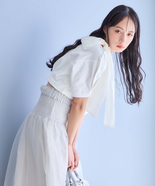 one after another NICE CLAUP（ワンアフターアナザーナイスクラップ）の「リボン取り外し可能/肩リボンワンショルダーT（Tシャツ/カットソー・レディース・ブラック/オフホワイト/杢グレー/ピンク・FREE）」の6枚目の写真