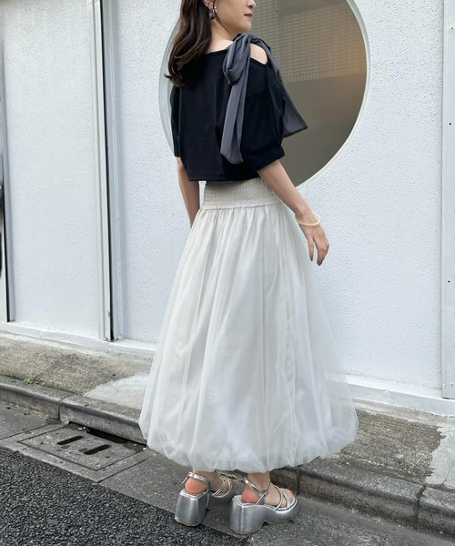 one after another NICE CLAUP（ワンアフターアナザーナイスクラップ）の「リボン取り外し可能/肩リボンワンショルダーT（Tシャツ/カットソー・レディース・ブラック/オフホワイト/杢グレー/ピンク・FREE）」の22枚目の写真