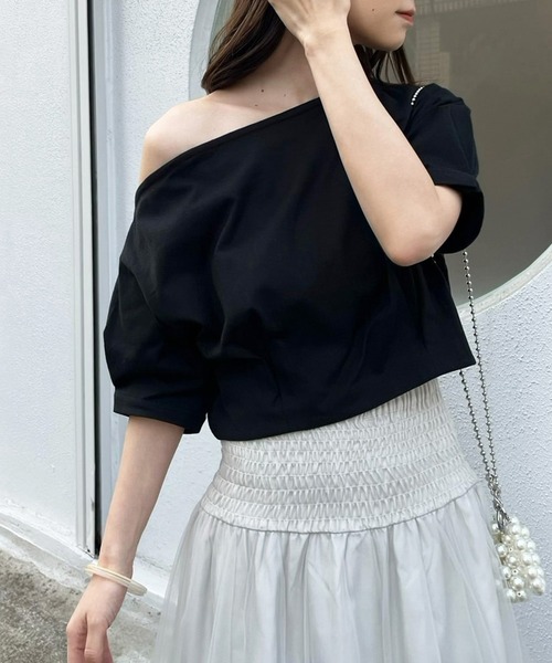 one after another NICE CLAUP（ワンアフターアナザーナイスクラップ）の「リボン取り外し可能/肩リボンワンショルダーT（Tシャツ/カットソー・レディース・ブラック/オフホワイト/杢グレー/ピンク・FREE）」の19枚目の写真