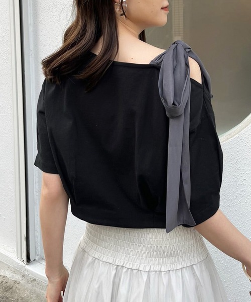 one after another NICE CLAUP（ワンアフターアナザーナイスクラップ）の「リボン取り外し可能/肩リボンワンショルダーT（Tシャツ/カットソー・レディース・ブラック/オフホワイト/杢グレー/ピンク・FREE）」の18枚目の写真