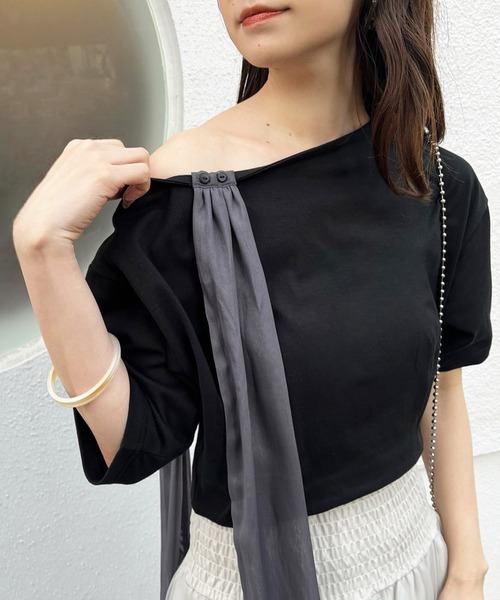 one after another NICE CLAUP（ワンアフターアナザーナイスクラップ）の「リボン取り外し可能/肩リボンワンショルダーT（Tシャツ/カットソー・レディース・ブラック/オフホワイト/杢グレー/ピンク・FREE）」の20枚目の写真