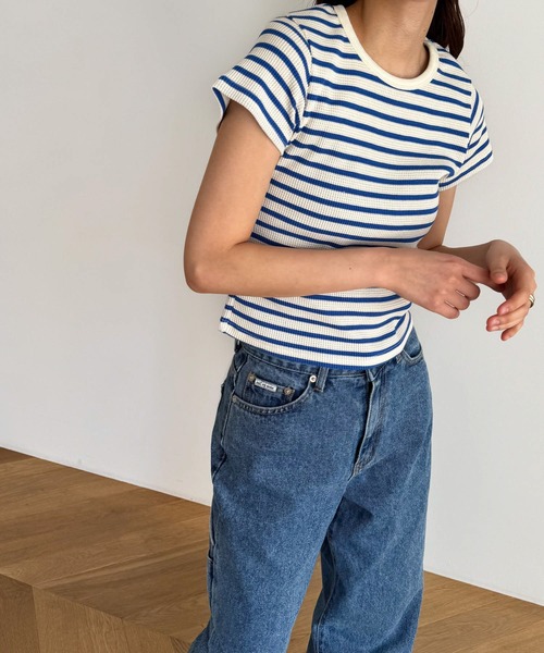 CANAL JEAN(キャナルジーン)の「Are.(アー) パイピングボーダーコンパクト半袖Tシャツ(Tシャツ/カットソー・レディース・ネイビー/ブルー・ONE SIZE)」の7枚目の写真