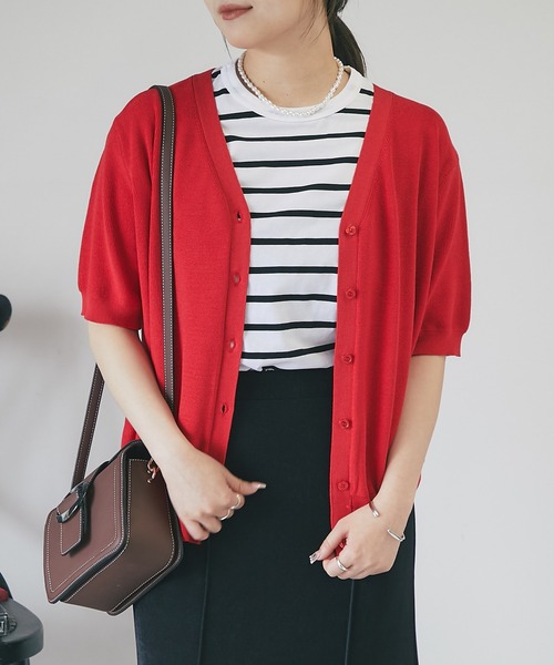 un dix cors(アンディコール)の「5分袖ニットカーディガン(カーディガン/ボレロ・レディース・ホワイト/ネイビー/レッド/グリーン・FREE)」の1枚目の写真