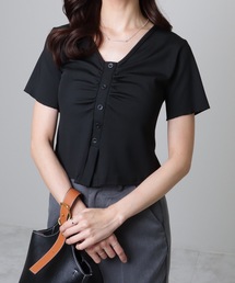 ANDMARY フロントギャザー 半袖Tシャツ グレー/ブラック フロントギャザー」に該当するレディースのTシャツ/カットソー