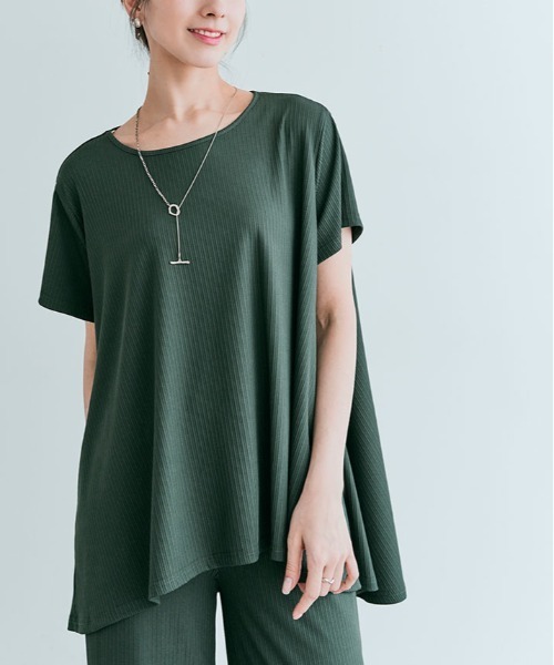 kirakiraShop(キラキラショップ)の「前後ヘム プリーツ ストレッチ 半袖 トップス(Tシャツ/カットソー・レディース・ブラウン/ダークグリーン/モカ/ライトグレー/ブラック/ネイビー・L/M)」の5枚目の写真