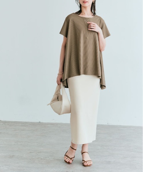 kirakiraShop(キラキラショップ)の「前後ヘム プリーツ ストレッチ 半袖 トップス(Tシャツ/カットソー・レディース・ブラウン/ダークグリーン/モカ/ライトグレー/ブラック/ネイビー・L/M)」の20枚目の写真