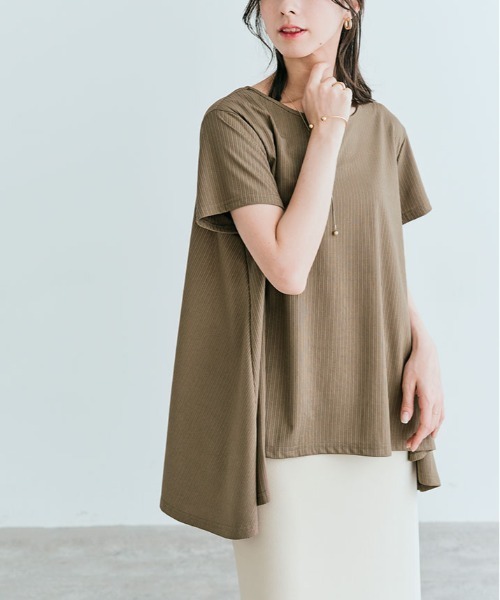 kirakiraShop(キラキラショップ)の「前後ヘム プリーツ ストレッチ 半袖 トップス(Tシャツ/カットソー・レディース・ブラウン/ダークグリーン/モカ/ライトグレー/ブラック/ネイビー・L/M)」の17枚目の写真