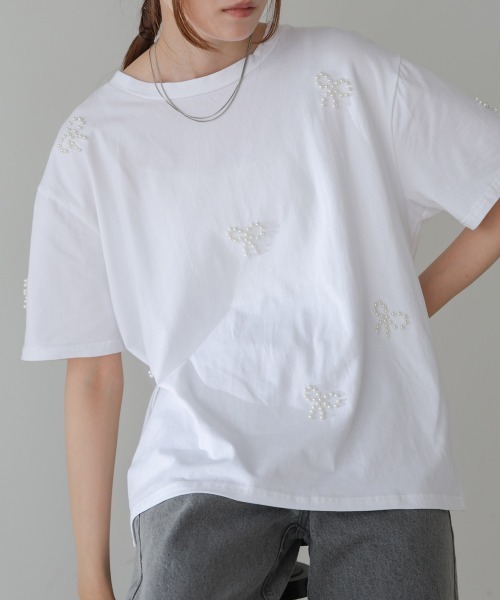 Bab(バブ)の「リボンパールTシャツ(Tシャツ/カットソー・レディース・ホワイト/ブラック/グレー・FREE)」の5枚目の写真