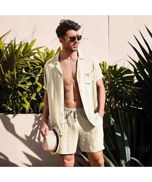 TopIsm（トップイズム）の「コットン無地　半袖オープンシャツとショーツのセットアップ（シャツ/ブラウス・メンズ・ベージュ/ホワイト/グレー/カーキ/ブラック・M/L）」の4枚目の写真