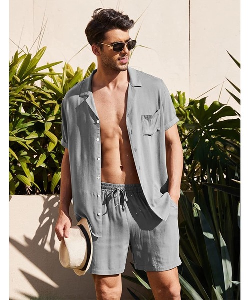 TopIsm（トップイズム）の「コットン無地　半袖オープンシャツとショーツのセットアップ（シャツ/ブラウス・メンズ・ベージュ/ホワイト/グレー/カーキ/ブラック・M/L）」の3枚目の写真