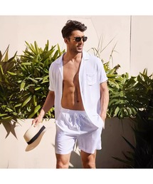 TopIsm | コットン無地 半袖オープンシャツとショーツのセットアップ(シャツ/ブラウス)